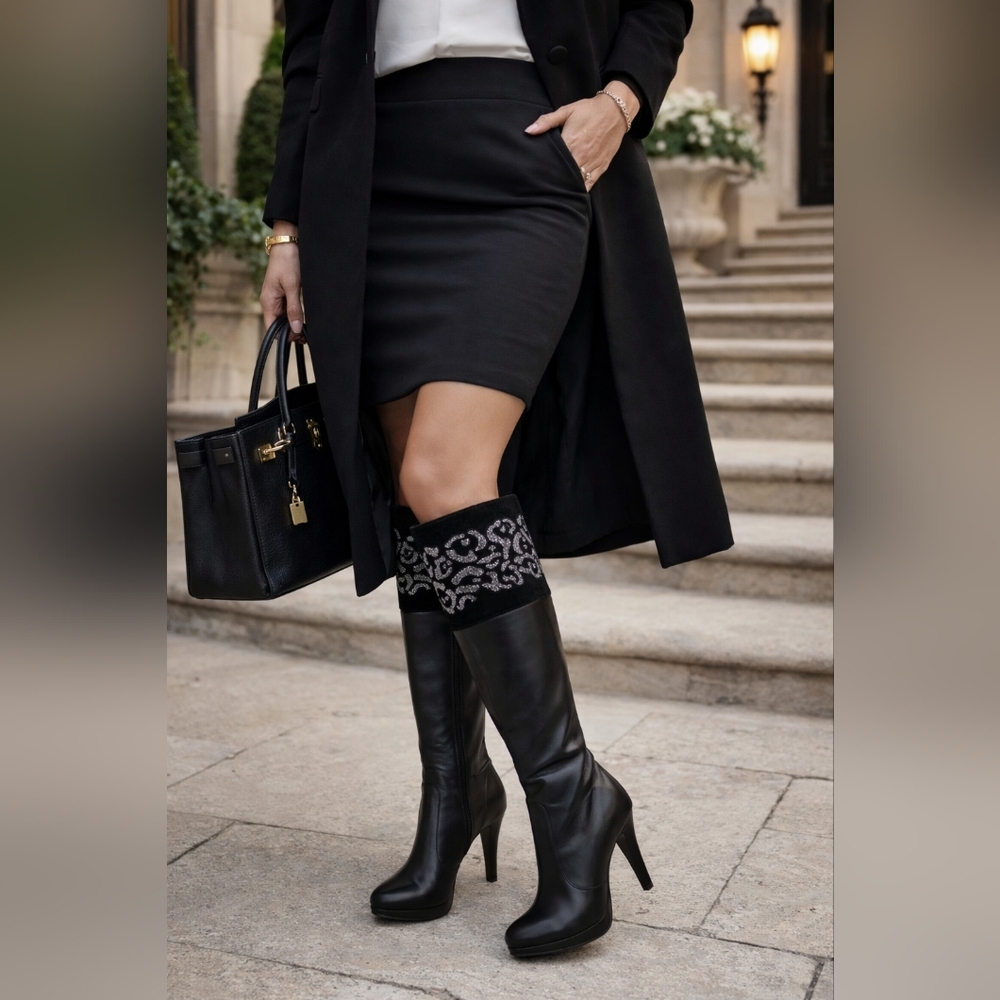 NEW Elata Italian Leather & Suede Black Embroidered Leopard Cuff Platform Boots